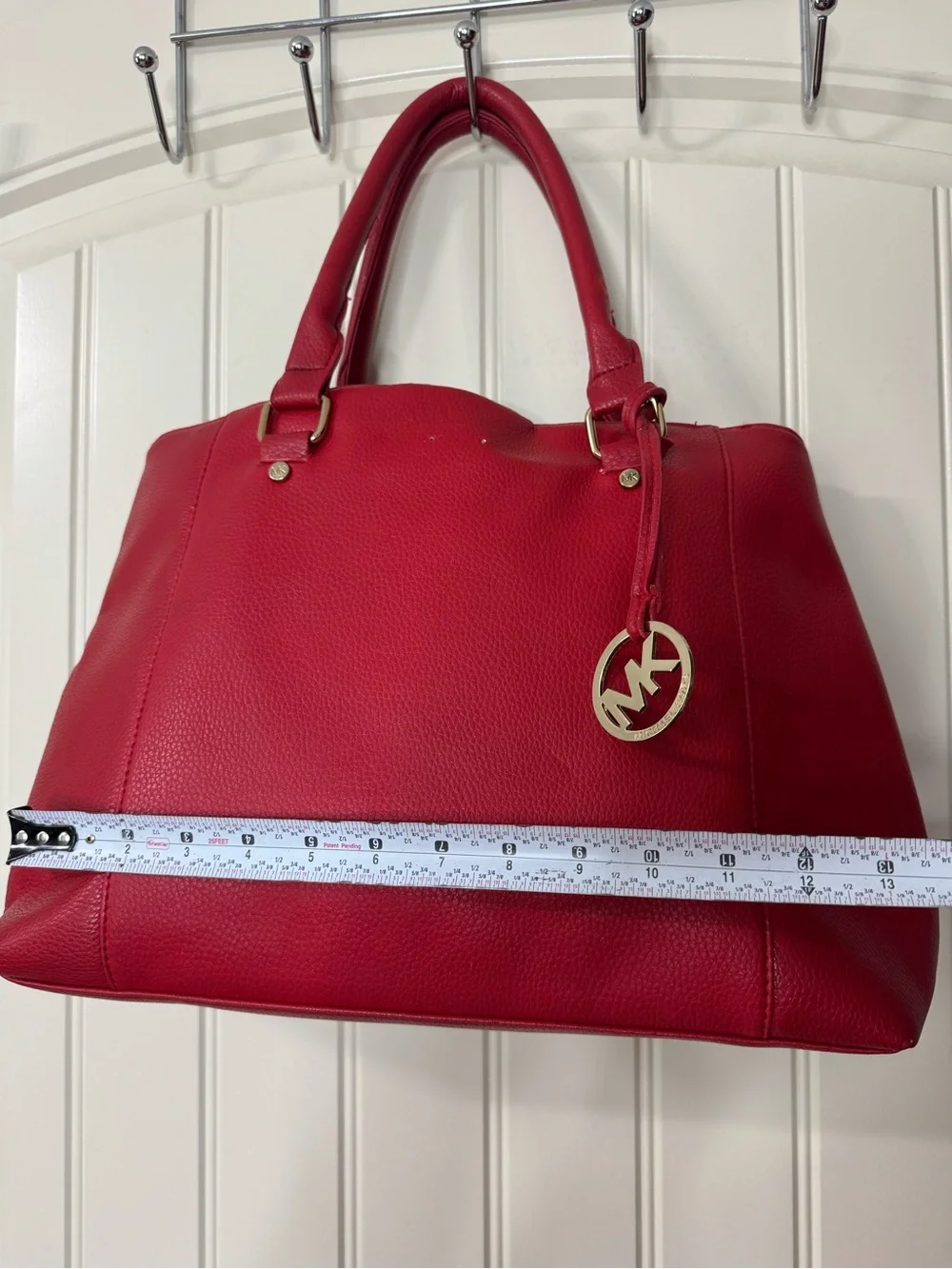 MICHAEL KORS 🍒 Cherry Red Pebbled Leather Shoulder Tote, Gold MK Charm Hangtag